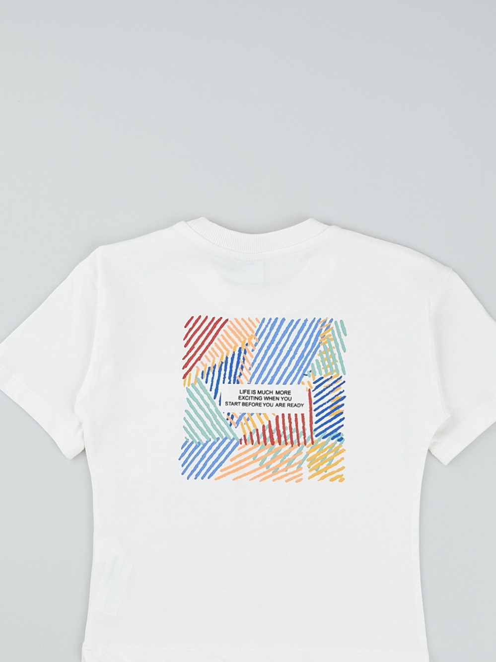 Mango Oversized White Pocket Tee with Multicolor Diagonal Stripe Square